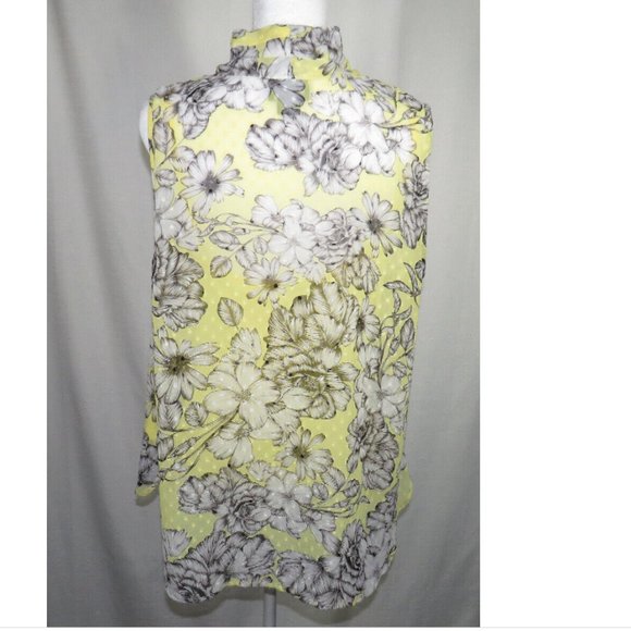 Liz Claiborne Petite Large Pale Yellow Gray Floral Clip Dot Sleeveless Blouse - Picture 8 of 9